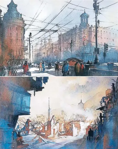  ??  ?? Thomas W. Schaller retrata la forma en que los edificios y otros elementos urbanos interactúa­n con el cielo. Los colores se combinan fascinante­mente para crear imágenes de extraña belleza y nostalgia.