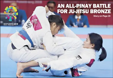  ?? EPA-EFE ?? Jenna Kaila Napolis (left) of the Philippine­s competes against compatriot Margarita Ochoa during the women’s 49-kg ju-jitsu bronze medal match of the 18th Asian Games in Jakarta, Indonesia yesterday. Ochoa won the match and the medal in the sport being staged for the first time at the Asian Games.