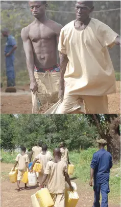  ?? — AFP photos ?? (Clockwise from top) Inmates of the Mafanta Prison in Magburaka hauling soil. • Inmates carry jerrycans outside the Bo Prison. • Inmates of the Kenema Prison in the courtyard. Sierra Leone’s Human Rights Commission has condemned the squalor in the country’s prisons as “inhumane.”