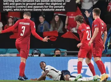  ??  ?? Sterling darts between two Danish defenders (far left) and goes to ground under the slightest of contacts (centre) and appeals for the penalty (right), which referee Danny Makkelie awards