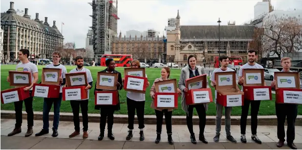  ?? — AP ?? Activists from the People’s Vote campaign show ‘Deal or No Deal’ boxes in London on Monday ahead of the parliament voting today.