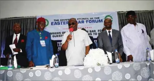  ??  ?? L-R: Secretary BED Mr. Paul Ubom, Chief Arthur Elvis Chukwu, His Excellency, Governor Nyesom Wike of Rivers State, Justice Iheanyichu­kwu Worji representi­ng Rivers State CJ, Justice Adanma Iyayi-Lamikaran, and Honourable Attorney-General and...