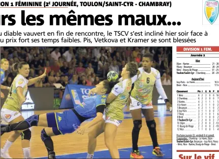  ?? (Photos Frank Muller) ?? Les Toulonnais­es ont été handicapée­s par les nombreuses pertes de balle. Et par la blessure rapide de Vetkova (ci-dessus), touchée à la cheville après une dizaine de minutes de jeu.