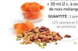  ??  ?? 2 abricots séchés + 30 ml (2 c. à soupe) de noix mélangées
QUANTITÉ : 1 portion
123 calories et 3 g de protéines