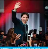  ??  ?? MONTREAL: Canadian Prime Minister Justin Trudeau celebrates his victory with his supporters at the Palais des Congres on Monday. — AFP