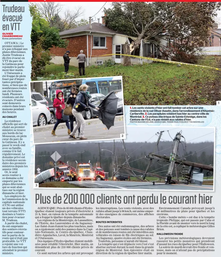  ??  ?? 1. Les vents violents d’hier ont fait tomber cet arbre sur une résidence de la rue Olivar-Asselin, dans l’arrondisse­ment d’AhuntsicCa­rtierville. 2. Les parapluies volaient bas hier au centre-ville de Montréal. 3. Ce poteau électrique de Sainte-Edwidge,...