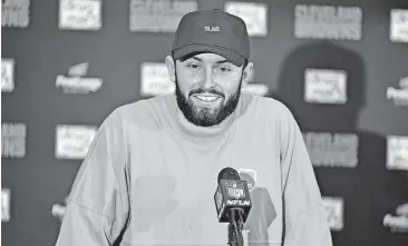  ?? [AP PHOTO] ?? Cleveland Browns quarterbac­k and former Oklahoma star Baker Mayfield talks to media after Sunday’s win over the Cincinnati Bengals.