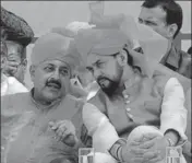  ?? ANI ?? Union ministers Jitendra Singh (left) and Anurag Thakur during a rally on the eve of Maharaja Hari Singh’s birth anniversar­y, in Jammu on Sunday.