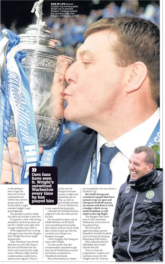  ??  ?? KISS OF LIFE Shrewd Scottish Cup-winning gaffer Wright can re-energise Rangers’ challenge against big-spending Celtic boss Rodgers, below, says Sutton