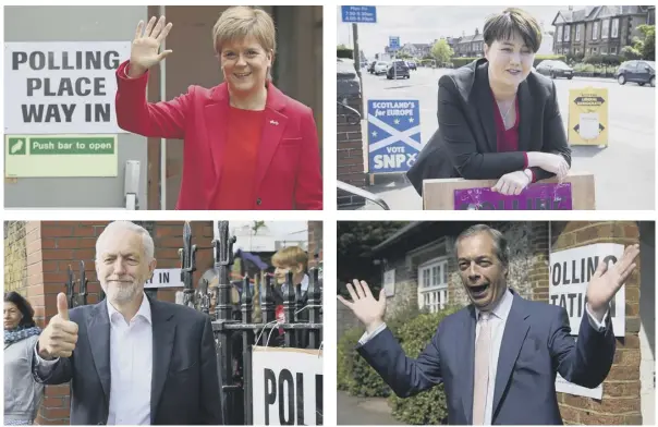  ??  ?? 0 Nicola Sturgeon, Ruth Davidson, Nigel Farage and Jeremy Corbyn pose for the cameras as they went to cast their vote in the European elections yesterday