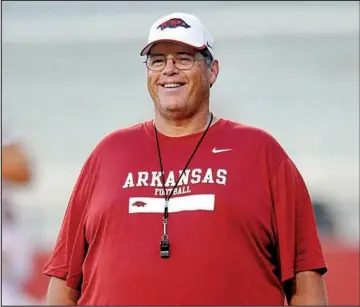  ?? NWA Media/MICHAEL WOODS ?? Arkansas offensive coordinato­r Jim Chaney said the Razorbacks have an offensive plan and are well on their way to implementi­ng it. “We want to hang our hat on dominating the line of scrimmage,” Chaney said. “We’ve been able to recruit some big kids in...
