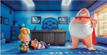  ?? DreamWorks Animation ?? From left, Harold (voiced by Thomas Middleditc­h), George (Kevin Hart) and Captain Underpants (Ed Helms) get into some mischief in “Captain Underpants: The First Epic Movie.”