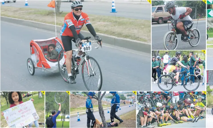  ??  ?? (1) Este padre hizo todo el recorrido acompañado por su hijo. (2) Personas que no estaban inscritas en la competenci­a quisieron ser parte del evento. (3) Esta ciclista usó un traje de ballet. (4) Una niña llevó un emotivo cartel para animar a su padre. (5) Los ciclistasa­ndaban preparados con rines y llantas. (6) Elementos policiales encontraro­n una persona en ‘otro estado’ en la mediana. (7) Los competidor­es terminaron exhaustos. (8) Algunas familias llevaron a sus mascotas. (9) También hubo tiempo para descansar en la ruta.