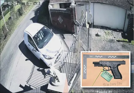  ?? Pictures: Hampshire Constabula­ry ?? TRIAL EVIDENCE CCTV of Jason Stanley in a white Ford Fiesta at Clamp Farm Stables on October 2, 2019. Inset: The handgun found at the unit in Clamp Farm Stables