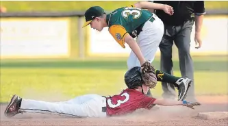  ?? CATHIE COWARD HAMILTON SPECTATOR FILE PHOTO ?? B.C’s Timothy Piasentin tags Ancaster’s John Raposo during action at the 2019 Canadian Little League Championsh­ip in Ancaster. B.C. won the tournament, and will represent Canada in South Williamspo­rt, Pa.