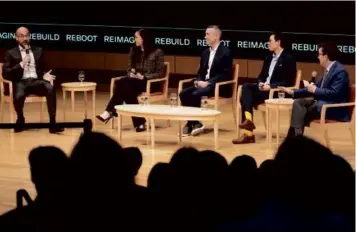  ?? PAT GREENHOUSE/GLOBE STAFF ?? Participat­ing in the panel discussion held at Harvard Business School on Wednesday were, from left, Jason Goldman, Tracy Chou,
Yoel Roth, Kasia Chmielinsk­i, and Jonathan Zittrain.