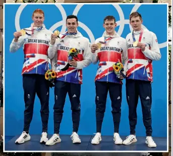  ??  ?? Gold rush: Swimmers Tom Dean, James Guy, Matt, and Duncan Scott (above, from left) celebrate their 4x200m freestyle relay win in Tokyo; Matt and
girlfriend Emily Large (together left and below) share a love of outdoor life