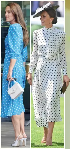  ?? ?? The Duchess shows her sartorial style is spot on in a navy- blue creation from Alessandra Rich worn at Wimbledon ( left) and a lighter- blue offering from the same designer at the All England Lawn Tennis and Croquet Club in July (above left)