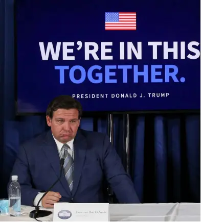  ??  ?? UNEASY: US President Donald Trump at a Covid-19 response and storm preparedne­ss conference with Florida governor Ron DeSantis at the Pelican Golf Club in Belleair. Photo: Reuters/Tom Brenner