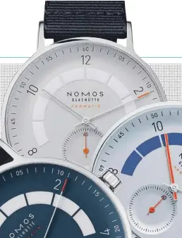  ??  ?? Tres versiones del reloj deportivo Autobhan para la compañía relojera alemana Nomos Glasshütte