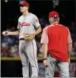  ?? MATT YORK — THE ASSOCIATED PRESS ?? Philadelph­ia Phillies starting pitcher Nick Pivetta is pulled from the game by manager Pete Mackanin during the third inning of a baseball game against the Arizona Diamondbac­ks, Monday in Phoenix.