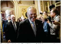  ?? DREW ANGERER / GETTY IMAGES ?? Senate Minority Leader Chuck Schumer, D-N.Y., leaves a meeting Monday on Capitol Hill with Senate Democrats as the chamber worked to find a shutdown solution.