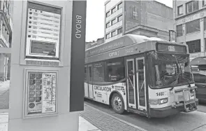  ?? BARBARA J. PERENIC/COLUMBUS DISPATCH ?? COTA buses come and go at stops along Broad and High streets in downtown Columbus in this file photo from 2019. Express service fares this fall are expected to be cut from $2.75 to $2.