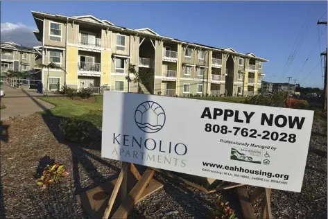  ?? The Mauii News / MATTHEW THAYER photo ?? The affordable Kenolio Apartments in Kihei are pictured Tuesday afternoon. A nonprofit contracted by Maui County unveiled a $1.6 billion draft plan on Tuesday to bring 5,000 affordable units online in Central, South and West Maui through major overhauls to the county’s affordable housing approach.