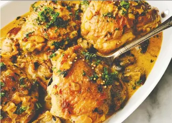  ?? RENEE KOHLMAN ?? Saucy chicken thighs with mushrooms and bacon is extra tasty when lapped over a bed of creamy mashed potatoes or eggy pappardell­e.