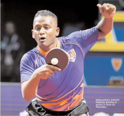  ??  ?? Maharashtr­a United’s Anthony Amalraj in action in Pune on Thursday.