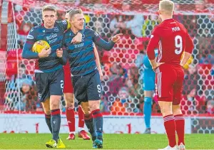  ??  ?? Ross County celebrate Billy Mckay’s late winner for Ross County.