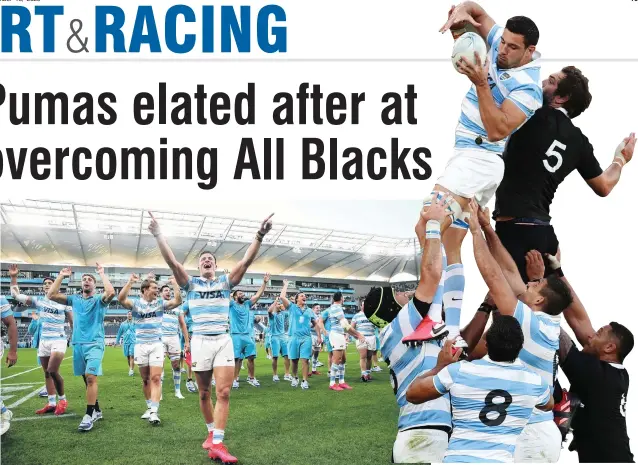  ?? PHOTOS: GETTY IMAGES ?? Conquering their Everest . . . Bautista Delguy celebrates with his Pumas teammates after they beat the All Blacks in their TriNations match at Bankwest Stadium in Sydney on Saturday. Right: Matias Alemanno wins a lineout ball ahead of Sam Whitelock.