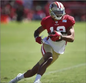  ??  ?? San Francisco 49ers Dante Pettis runs during NFL football practice at the team’s headquarte­rs on Thursday, in Santa Clara. AP PHOTO/BEN MARGOT