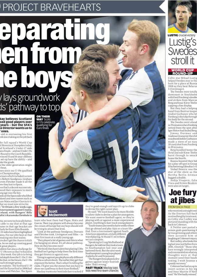  ??  ?? ON THEIR WAY Scots U-17s celebrate qualifying for Euro finals FAST TRACK Mackay says kids need first-team chances LUSTIG crucial victory
