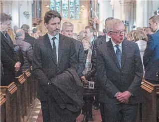  ?? ANDREW VAUGHAN THE CANADIAN PRESS ?? Prime Minister Justin Trudeau, left, and former prime minister Joe Clark at the state funeral for John Crosbie, a former federal cabinet minister and defender of Newfoundla­nd and Labrador.