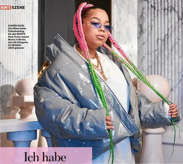  ??  ?? SZENE
SCHÖN COOL Zoe Wees beim Fotoshooti­ng für den BUNTE New Faces Award Music in Berlin, den die Sängerin im Oktober 2020 gewann