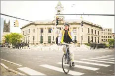  ?? Chris Palermo / For Hearst Connecticu­t Media ?? Stamford Mayor David Martin rides his bike, which he could park more easily if the so-called omnibus text change is approved.