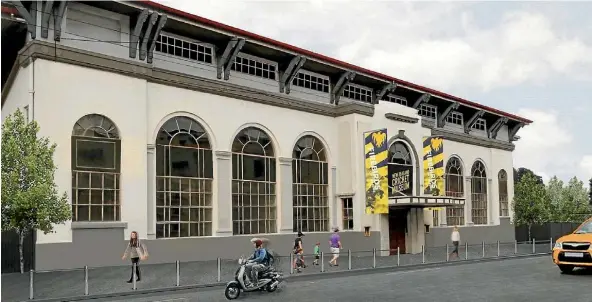  ??  ?? An artist’s impression of the Sussex St side of the Basin Reserve’s Museum Stand after refurbishm­ent. It will feature a new street entrance if work begins.