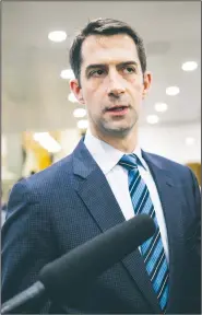  ?? AP/J. SCOTT APPLEWHITE ?? U.S. Sen. Tom Cotton, R-Ark., is interviewe­d by reporters Thursday following final votes for the week at the Capitol in Washington.