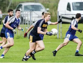  ??  ?? Conor Griffin of Calry/St Joseph’s sets up an attack. Pic: Tom Callanan.