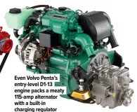  ??  ?? Even Volvo Penta’s entry-level D1-13 engine packs a meaty 115-amp alternator with a built-in charging regulator