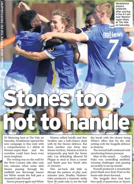  ??  ?? Wealdstone players celebrate after scoring in the 4-1 win over Westonsupe­r-Mare at The Vale on Saturday