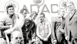  ??  ?? Left: Agostini, A Pagani, Kim Newcombe, 250 winner Jarno Saarinen, Dieter Braun. West German GP April 30, 1972.