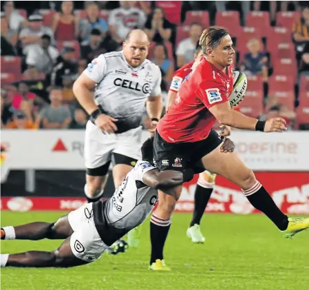  ?? Picture: GALLO IMAGES ?? COMEBACK: The Emirates Lions’ Rohan Janse van Rensburg shows his strength against the Cell C Sharks in April. He is set to return to Super Rugby off the bench against the Sharks this afternoon