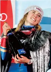  ??  ?? Mikaela Shiffrin celebrates after winning Women’s World Cup slalom in Zagreb.