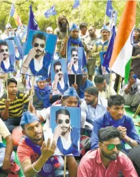  ??  ?? ACTIVISTS of the Bhim Army at a rally demanding the release of their leader Chandrashe­khar Azad, in New Delhi on April 18.