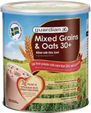  ??  ?? Guardian Mixed Grains & Oats 30+ contains oat bran, brown rice, barley and chia seeds to provide a nutritious meal.