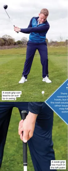  ??  ?? A weak grip can lead to an outto-in swing