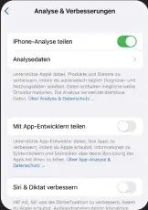  ?? ?? Du kannst entscheide­n, ob du Analysedat­en (etwa bei Problemen) mit Entwickler:innen oder Apple teilen möchtest.