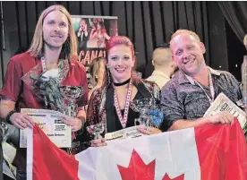  ?? SPECIAL TO THE HAMILTON SPECTATOR ?? Sean Britton of Calgary, left, and Christine Costa and Dustin Jodway of Hamilton are on Canada’s national karaoke team.